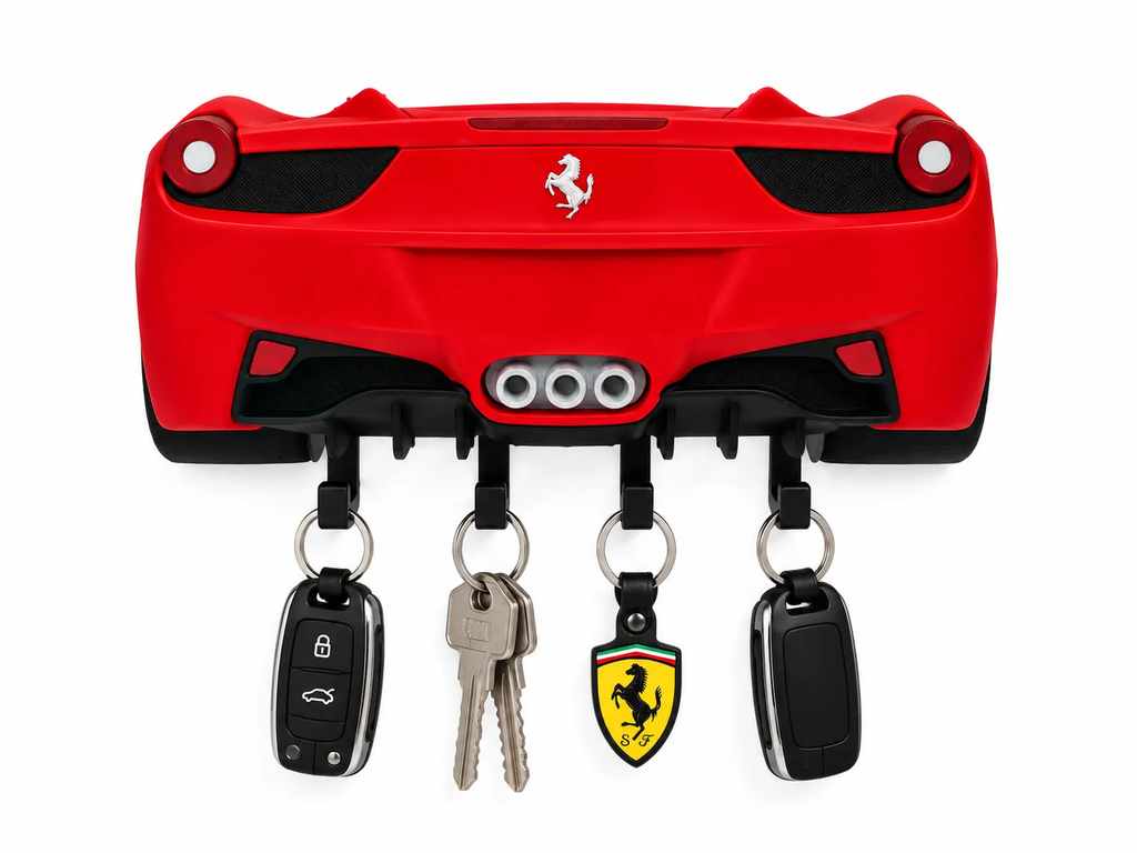 Red Ferrari 458 style wall key hanger with four hooks, round taillights and triple exhaust. Keys shown for display.