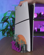 Neon Cityscape GTA-inspired PS5 stand demonstration – console shown for display