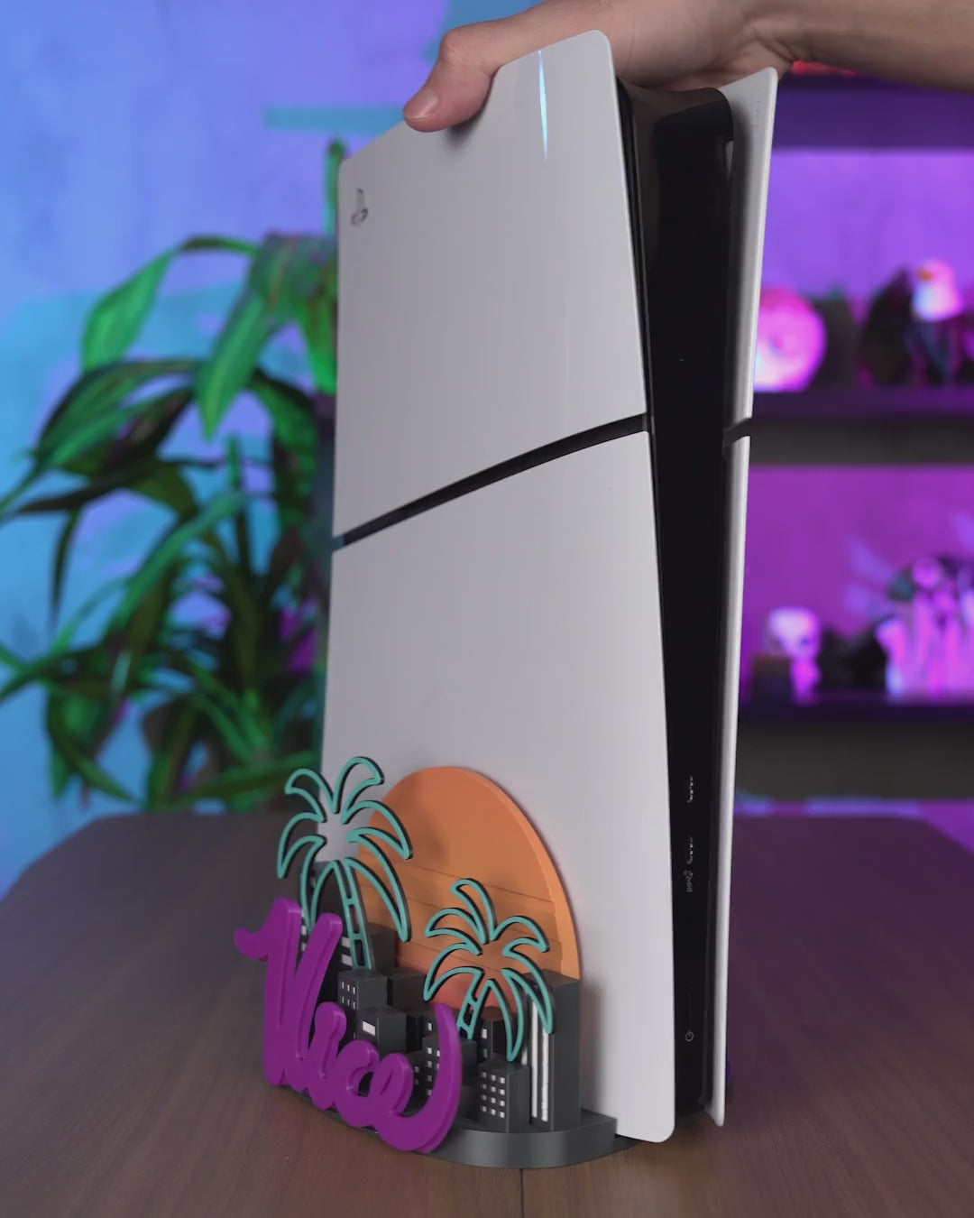 Neon Cityscape GTA-inspired PS5 stand demonstration – console shown for display